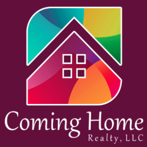 The Coming Home Realty logo has a maroon background with white letters and a house shape with four windows surrounded by multi-colors in a vibrant rainbow range